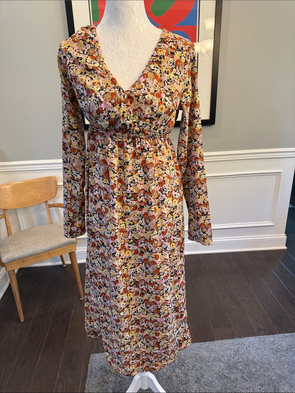 Mama;Licious Maternity/Nursing Long-Sleeve Floral Midi Dress in Rust and Cream